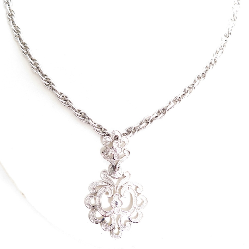 Trifari Vintage Silver Tone Scroll Openwork Pendant Rope Chain Necklace